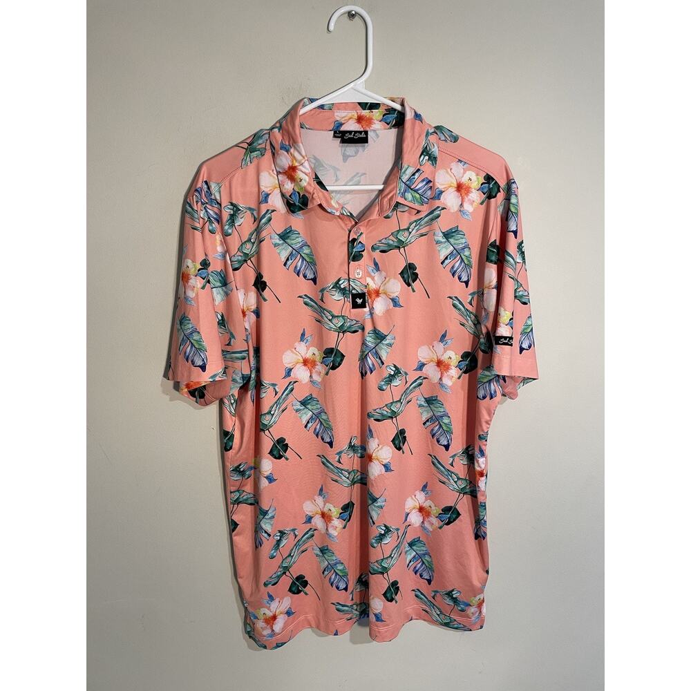 Bad Birdie Floral Golf Polo Shirt Men's Large Short Sleeve Wicking Stretch Peach